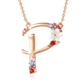 GEMMANCE Flower Initial Necklace for Women 18"+2" made with Austrian Crystals - Rose Gold Plated Pendant for Girls - Anniversary Birthday Gifts for Mother, Daughter, Wife