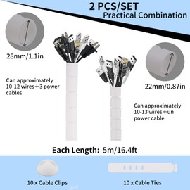 AWBEOT 2 x 5 m Cable Sleeve, Spiral Cable Tube, Diameter 22 mm / 28 mm, Flexible Cable Duct, Spiral Hose Cable Organiser with 10 x Cable Ties, 10 x Desktop Wire Catches, White