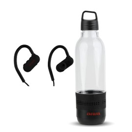 AIWA Water Bottle with Speaker and Earphone Bundle - 400ml Water Bottle with 4 Hour Playtime and Wireless Sports Earphones with Integrated Mic, 10 Hours Playtime for Workout, Camping and Hiking,Black