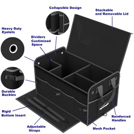 EPAuto Car Trunk Organizer with Adjustable Multi Compartment, Removal Lid and Securing Straps, Black