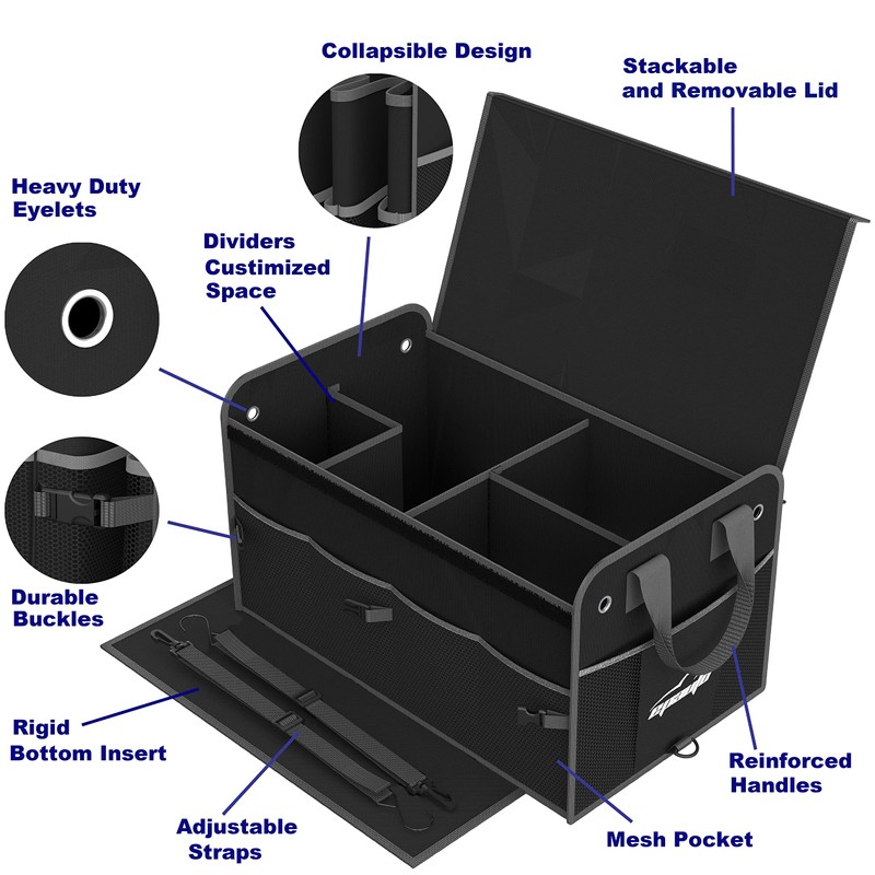 EPAuto Car Trunk Organizer with Adjustable Multi Compartment, Removal Lid