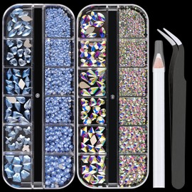 Flat Back Multi-shaped and Round Glass Nail Art Rhinestones Set 7, Crystal AB and Sky Blue Gem Bead Jewels Kits with Picker Pencil and Tweezer for Professional and Home DIY Use