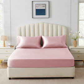 CozyLux Satin Fitted Sheet Queen Size, Pink Silky Satin Bed Fitted Sheet Only with Silky Microfiber, Deep Pocket, Single Bottom Sheet Sold Separately, Breathable, Smooth and Soft