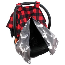 Dear Baby Gear Deluxe Reversible Car Seat Canopy, Custom Minky Print Plaid White Antlers, Red and Black Buffalo Plaid Minky