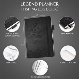 Legend Fishing Log Book – Fisherman Journal Notebook to Record Catches & Trip Info – Fishing Essentials, Equipment & Gifts for Men (Black Debossed)