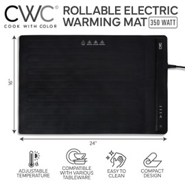 COOK WITH COLOR 350W Electric Food Warming Mat - Portable Food Warmer Tray with Adjustable Temperature, Fast 60-Second Heating, Auto Shut-Off, Rollable Silicone Pad for Parties & Everyday Use, Black