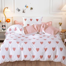 RANJIMA Hearts Bed Linen, 135 x 200 cm, Girls' White Pink Hearts Children's Bed Linen + Pillowcase 80 x 80 cm, Microfibre Bedding Set with Zip, Bedding Set for Girls Women