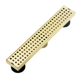 16 Inch Linear Bathroom Shower Rectangular Floor Drain New Type with Removable Cover Grid Grate Adjustable Leveling Feet Hair Strainer SUS304 Stainless Steel Brushed Gold