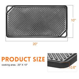 GGC Cast Iron Griddle for Gas Stove, Reversible Griddle for Gas Grills, 20 x 10 Flat and Ribbed Griddle Plate for Outdoor and Indoor Cooking