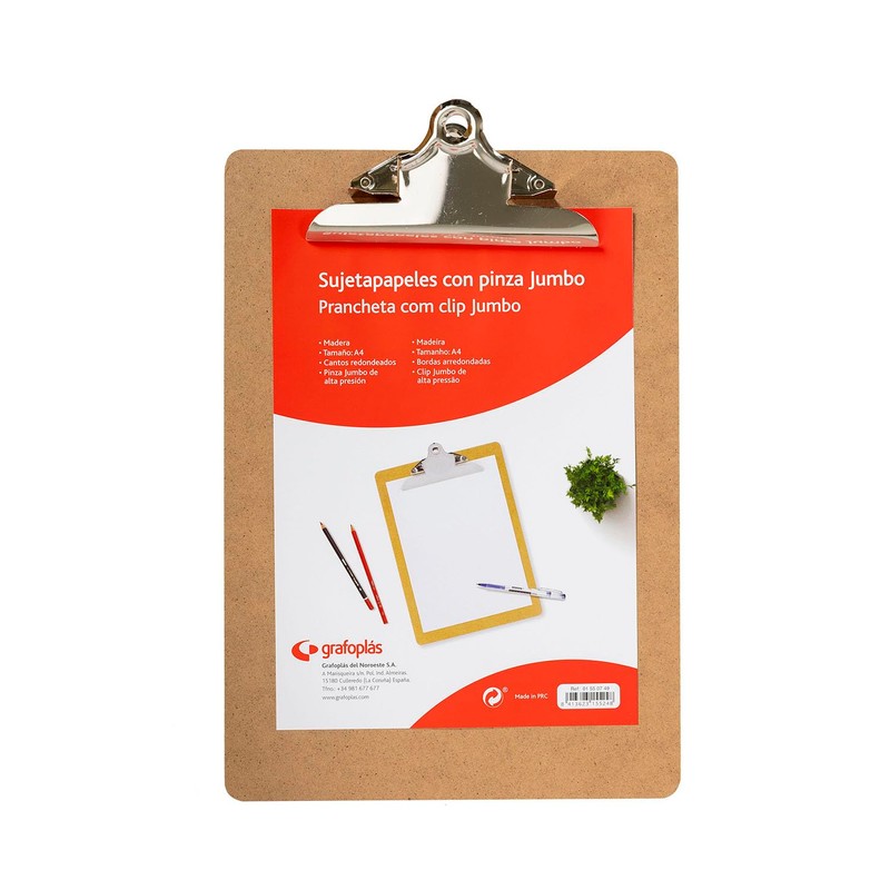Grafoplás 1550749. Clipboard with Jumbo Clamp, A4, Wood, Round Edges