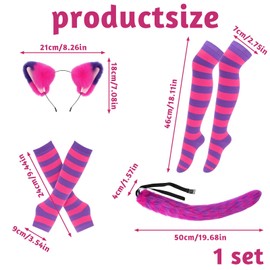 Cheshire Cat Costume, Pink and Purple Striped Top Cheshire Cat, 4-Piece Set with Ears, Tail, Gloves, and Socks for Halloween, Cosplay, and Themed Parties