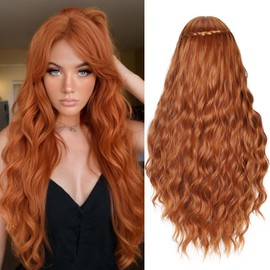 FAVE Long Ginger Wig Middle Part Ginger Orange Wig 28Inch Wavy Wigs for Women Natural Curly Wigs for White Women Synthetic Wig for Daily Party Use