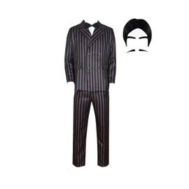 Adult Gomez Addams Costume Mens Daddy Gomez Cosplay Uniform Black Striped Blazer Pants Shirt Tie Set with Wig (Black-Purple, Large)