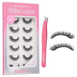 Beetles False Eyelashes Russian Strip Lashes 7 Pairs Fluffy Fake Lashes 10-16mm Length Dramatic Volume DIY Fake Eyelashes with Tweezer Miss Charming (SRM001, 10-16mm)