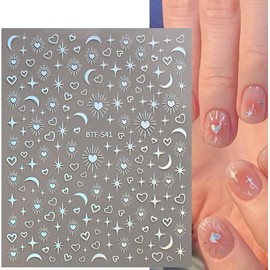 JFIYUOMCI 6 Sheets Silver Gold Moon Star Nail Art Stickers - 3D Heart Galaxy Celestial Nail Design Decals, Self Adhesive Nail Stickers for Women Girls DIY Decoration Nails Supplies Accessories