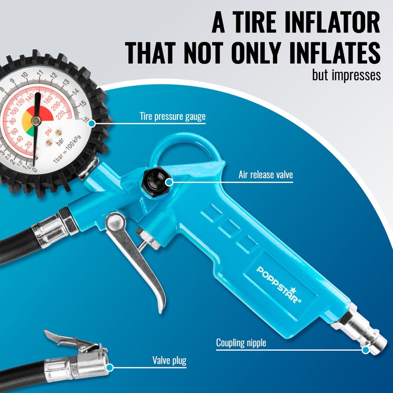 Poppstar Compressed Air Accessory Set: Tire Inflator (0-16 bar, Hose:
