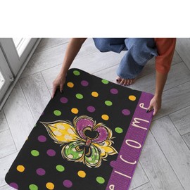 Jztfrie Mardi Gras Door Mat Welcome Doormat Fleur de Lis Decor Kitchen Mats Home Party Outdoor Entrance Non-Slip Rubber Home Kitchen Mats 30" X 17"