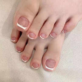 24Pcs Nude Pink False Toenails - French Tip False Nails with Glue - White French Tip Glossy Full Cover Glue Press on Nails - Acrylic Toe Nails Home DIY Nail Art Easy Apply & Remove