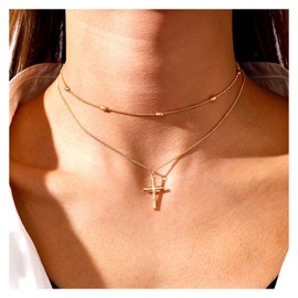 Inilbran Boho Cross Pendant Necklace Chain Layered Jesus Cross Necklace Choker Gold Cross Chain Necklace Vintage Crucifix Necklaces Religious Jewelry for Women and Girls