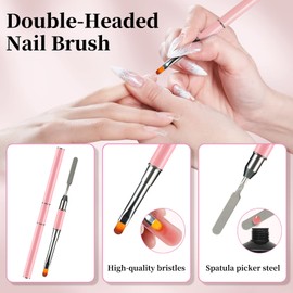 120 Pieces Dual Nail Forms Set, Stencils Nail Extension Nail Shapes with Pink Dual-Ended Nail Brush, Nail Tips Clip, Sponge Finger Separator and Nail File for Polygel Nails Tools