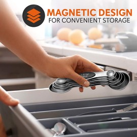 NutriChef 6-Piece Magnetic Measuring Spoon Set - Stainless Steel Stackable Dual Sided Nesting Teaspoon to Tablespoon For Dry & Liquid Ingredients, Stylish, Rustproof & Easy-to-Clean - Silver