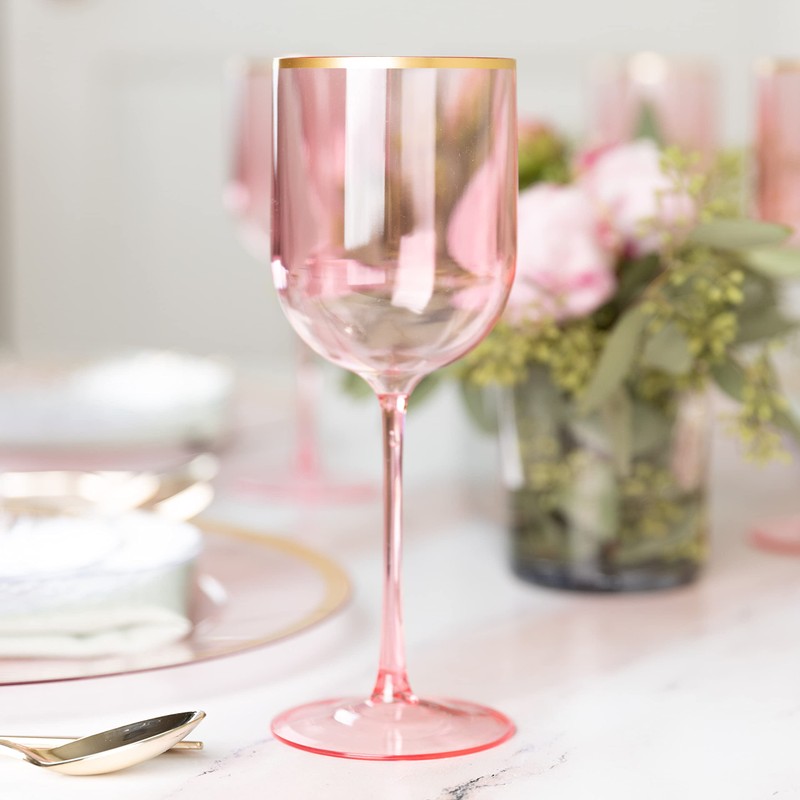 Pink Wine Cup with Gold rim Plastic Wine Glasses Set