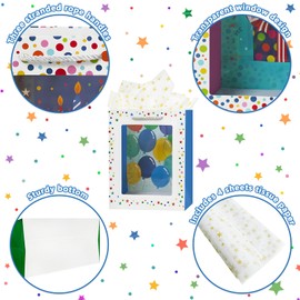 OFIHANLY 4Pcs 9" Small Size Happy Birthday Gift Bags with Handles for Women Men Kids Baby Girls Boy Party Transparent Window Paper Gift Wrap Bag with Tissue Paper