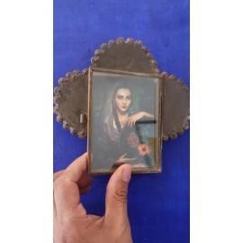 Rustic Mexican folk art tin nicho mexican lady Michoacan Michoacana with batea