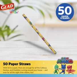 Glad for Kids PJ Masks Paper Straws, 50 Count | Paper Straws With Fun Design for Kids | Heavy Duty Biodegradable Paper Straws | Compostable Paper Straws, Yellow