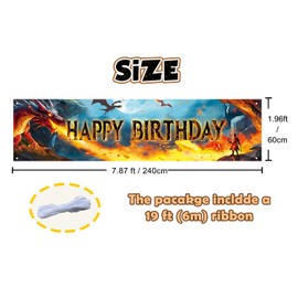 Dragon Birthday Banner 7.8 x 1.9 ft, Fire-breathing Dragon Knight Decoration, Fantasy Dragon Role-Playing Theme Bday Photography Background, DnD Theme Birthday Photo Booth Props for TRPG Player