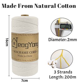 JeogYong Macrame Cord 2mm x 218 Yards, 3-Strand Twisted Natural Cotton Rope, Cotton String Coloured Craft Cord for Plant Hanger Wall Hanging Knitting Crafts, Natural Color
