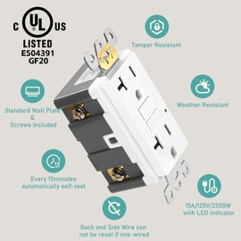 GFCI Outlet 20 Amp, Self-Test GFI Receptacle, Tamper & Weather Resistant (TR/WR), UL Listed, LED Indicator, Wall Plate Included, 1-Pack, Matte White