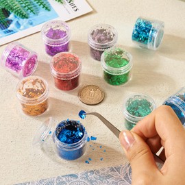 Pandahall 10 Boxes Gold Foil Flakes for Resin, 10 Colors Metallic Foil Flakes with Tweezer Gilding Flakes Gold Leaf Flakes for Nails Art Jewelry Painting Crafts