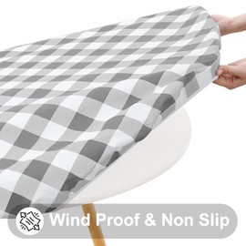 Smiry Round Picnic Table Cloth, Elastic Waterproof Fitted Vinyl Tablecloth for 18"-24" Tables, Flannel Backed Buffalo Plaid Table Covers for Dining, Camping, Outdoor, White and Grey