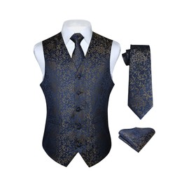 HISDERN Men's Waistcoats Floral Wedding Party Navy Waistcoat Necktie Pocket Square Handkerchief Jacquard Suit Vest Set Navy Blue M