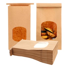Dimeho Paper Bread Bags, 100 Pcs Bakery Cookie Bags with Clear Window Tin Tie Tab 9.6x4.7x2.6 Inches Sourdough Breads Bag Storage Packaging Treat Bag for Cookie Baking Bread Treat Snack