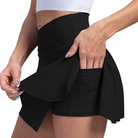 SIUSIO Falda Deportiva para Mujer,Falda de Tenis para Mujer para Correr con Pantalones Cortos,Faldas de Golf Atléticas de Cintura Alta con Bolsillos (MX/US, Alfa, Chico, Regular, Regular, Negro)