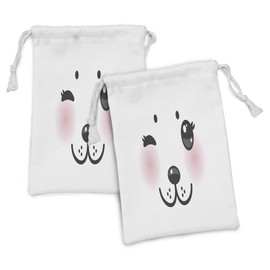 Lunarable Kawaii Fabric Pouch Set of 2, Japanese Anime Dog Face with Giant Eyes and Pink Cheeks Doodle Character, Small Drawstring Bag for Toiletries Masks and Favors, 9" x 6", Pale Pink Black White