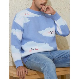 Yimoon Men Sweaters Oversized Graphic Casual Cable Knitted Jumper Pullover Cute Unisex Crewneck Retro Couple Tops (D-Blue-L)