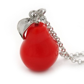 Red Resin Pear Shape Pendant with Long Silver Tone Oval Link Chain Necklace/70cm Long