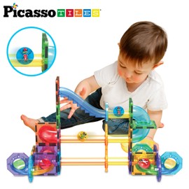 PicassoTiles Magnet Marble Run Tiles Pete The Cat Themed Character Marbles for Magnetic Building Block Construction Tile Maze Structures STEM Learning Pretend Play Fun Toys Girls Boys Ages 3+ PTG02