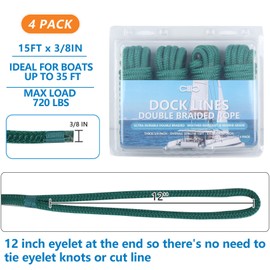 Dock Lines 15' x 3/8" Double Braided Marine Mooring Ropes 4 Pack, Boat Ropes for Docking with 12'' Eyelet Premium Dock Lines for Boats - Forest Green