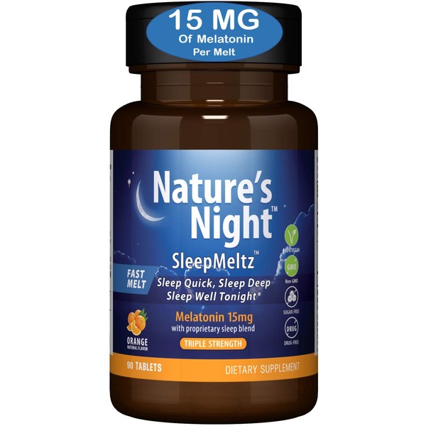 Triple Strength Nature's Night Sleep Meltz, Melatonin 15mg with Sleep Blend, 3 Month Supply, Natural Flavor, Sugar Free, Vegan, Non-GMO, Drug Free
