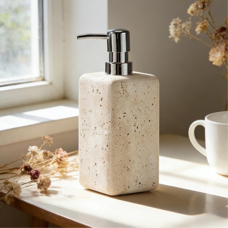 Ivory Travertine Soap Dispenser, Refillable Bathroom Liquid Dispenser with Stainless