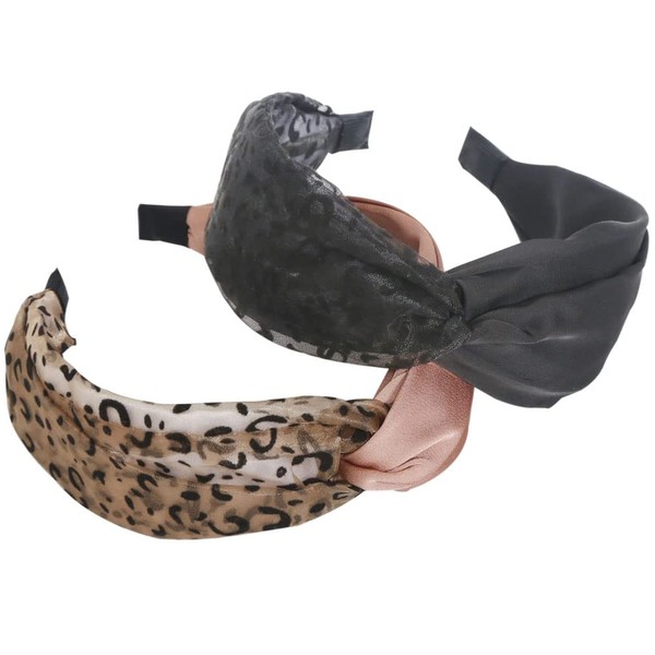 2 Pieces Headbands for Women Boho Headband Wrap Band Fashion Hair Scarf Bow Tie Hair Accessories Wide Hair Ties for Women UK and Girls (Leopard Black)