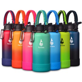 Farsea Insulated Water Bottle With Paracord Handle, Protective Silicone Boot and 2 Lids (Straw Lid & Spout Lid), Stainless Steel Water Bottle Wide Mouth, Double Wall Sweat-Proof BPA-Free, 32 oz