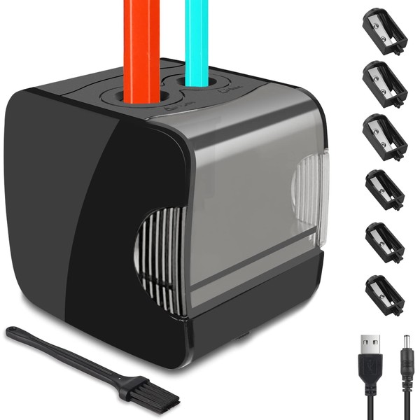 Electric Pencil Sharpener with Container, 2 Sizes 6-12 mm, USB Sharpener with Tin, 6 Blades, Brush, Pencil Sharpener for Children, Pencils, Colouring Pencils, Triangular, Round, Thick, Thin