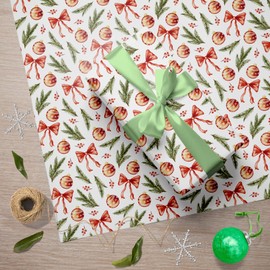 GIOLNIAY Red Bows Christmas Wrapping Paper for Men Women Kids - Holiday Gift Wrap with Pine Branches & Berries on White - 4 Jumbo Sheets, 28" x 40" Each (31 sq. ft ttl), Easy to Store