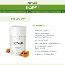 Sanuvit® Enzym-Vit | 90 Kapseln | frische Rohstoffe mit hoher Enzym-Aktivität | in magnesaftresistenten Kapseln | Reinstoffprodukt direkt vom Hersteller (hypoallergene Manufaktur)