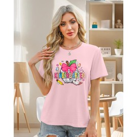 Teacher Shirts for Women Happy First Day of School T-Shirt Back to School Tops Casual Kindergarten Teacher Gift Tee Pink